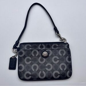 COACH Black White Monogram Canvas Corner Zip Wristlet Purse Purple Lining